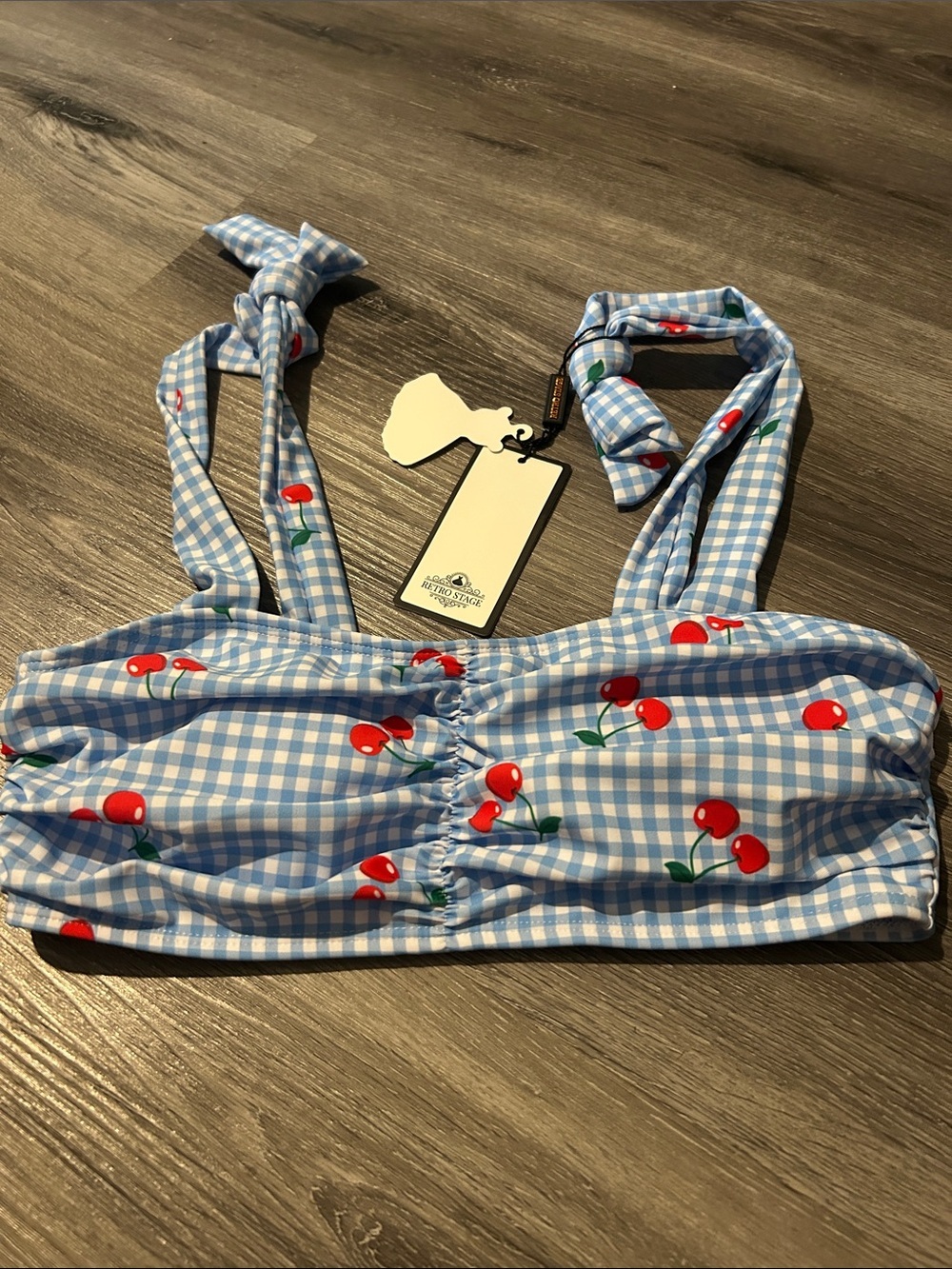 Blue Retro stage Cherry Tie-Strap Swim Top - Picture 2 of 5